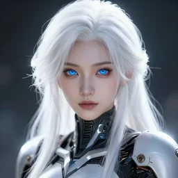 detailed portrait of perfect white haired girl, android, warframe armor, beautiful, pretty face, blue cyborg eyes, innocent, scifi, 4 k, sun yunjoo, ultra realistic, aura of light, cinematic lighting, highly detailed, sharp focus, artstation, masterpiece, art by hyungjin yang and akihito tsukushi