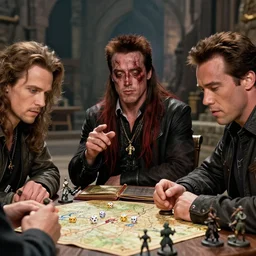 film still dnd, schwarzenegger, beckinsale, theron, lawther sit at table playing dnd, dices map book miniatures, finely detailed features, closeup at the faces, perfect art, at an ancient city, gapmoe yandere grimdark, painted makoto