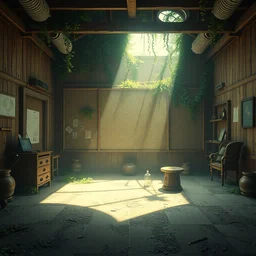 a wholesome animation key shot of a post apocalyptic room with a big cork board, covered by nature hipster vibes by studio ghibli, animation, sharp, rendered in unreal engine 5, focused, anime key art by greg rutkowski, bloom, dramatic lighting
