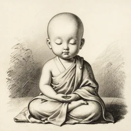 sketch of a chibi monk meditating, etching by louis le breton, 1 8 6 9, 1 2 0 0 dpi scan