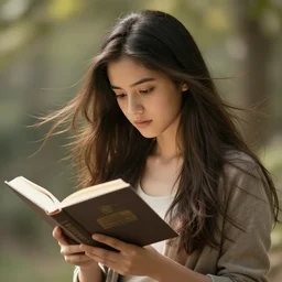 85mm beautiful girl reading a book, hair flowing down, by Emmanuel Lubezki