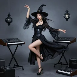 beautiful seductive full body attractive witches dancing around synthtesizers