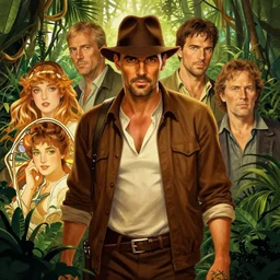 indiana jones portrait, jungle, by stanley artgerm lau, greg rutkowski, thomas kindkade, alphonse mucha, loish, norman rockwell
