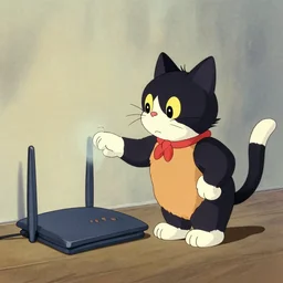 by richard scarry. a cat trying to set up a router. a 1 9 5 0 s retro illustration. studio ghibli. muted colors, detailed
