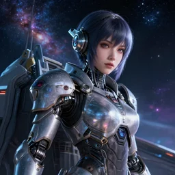 photo of a cyborg girl on a space ship, warframe armor, beautiful face, scifi, nebula reflections, stars, professionally color graded, sharp focus, 8 k high definition, insanely detailed, intricate, innocent, art by stanley lau and artgerm