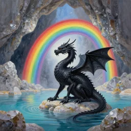 highly detailed oil painting of a rainbow hotspring in a quartz cave, black dragon sitting in the middle
