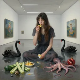 painting of a flooded modern art gallery and a tall emo woman eating french fries, molluscs, courgettes, black swans, lava, pomegranates, raw eggs, sensual, octopus, puddles, zen, surrealist, by magritte and monet