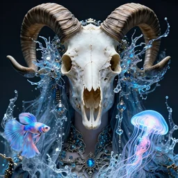 goddess macro close - up portrait in crown made of ram skull. betta fish, jellyfish phoenix, bioluminiscent, plasma, ice, water, wind, creature, super intricate ornaments artwork by tooth wu and wlop and alena aenami and greg rutkowski