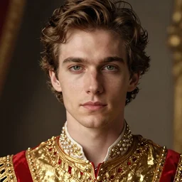 portrait of handsome prince, gold and red clothes, high detail, cleary see face, detailed eyes, by gaston bussiere, bayard wu, greg rutkowski, auguste bourotte, odd nerdrum, maxim verehin, dan dos santos, masterpiece, sharp focus, cinematic lightning