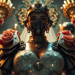 perfectly - centered!! looking at the camera!!! low - angle!! full body portrait of fallout brotherhood in power armor dressed in wedding dress, clothed, with roses, wet, shiny, shiny skin, bright lighting, godrays, golden, baroque style, roses, intricate abstract upper body intricate artwork, by tooth wu, wlop, beeple, dan mumford. concept art, octane render, deviantart, greg rutkowski, cinematic arthouse, key art, hyper realism, iridescent accents