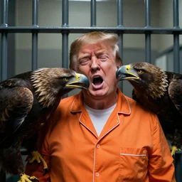 Medium shot photo of eagles biting Donald Trumps head in jail, wearing orange pajamas, octane, dramatic lighting, editorial photo, 35mm, very detailed