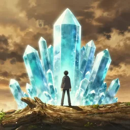 isekai masterpiece anime man standing tree log looking up at colossal cyan crystals, high noon, cinematic, very warm colors, intense shadows, ominous clouds, anime illustration, anime screenshot composite background by alyn spiller