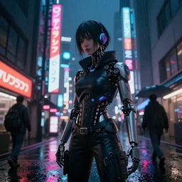 rainy night in cyberpunk akihabara. neon leds, cybernetic. unreal engine 5.