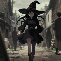 key anime visual portrait of a young female witch walking through a busy village, dynamic pose, dynamic perspective, cinematic, dramatic lighting, muted colors, detailed silhouette, textured, finely detailed eyes, anime proportions, little witch academia
