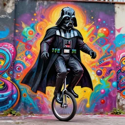 psychedelic graffiti art of Darth Vader riding a unicycle, 4k wallpaper