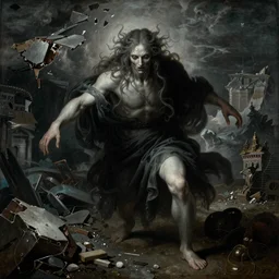 a chaos god looks down upon a destroyed world, renaissance painting, nightmarish