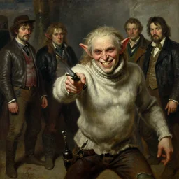 grinning hellpunk the thieving Goblin wearing a grubby muslin turtleneck sweater whilst pointing a dagger at you charlie bowater ross tran greg rutkowski jamie wyeth gregory crewdson ralph goings jonas de ro jim mahfood victor brauner ilya repin oil painting
