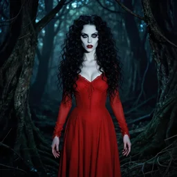 in the style of brandon woelfel, full body, pretty alyson hannigan, evil dead demon, evil dead movie, redl dress, symmetrical eyes, edmund dulac, symmetrical face, long curly black hair, trees, forest, branches, cinematic lighting, evil dead creature, scary