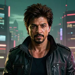 Shah Rukh Khan, as a character from Cyberpunk 2077, looking at camera, intricate, sci-fi, extremely detailed, surreal, hyper realistic, in the background cyperpunk-2077-city, trending on artstation, 8K, HD