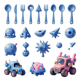 game asset of utensils of exploration of shapes and forms, vehicles and mech, cockpit, in gouache detailed paintings, props, stylized, 2 d sprites, kitbash, arcane, overwatch, blue and pink color scheme, 8 k, close up