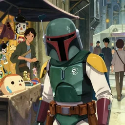 anime visual, boba fett at a coruscant scifi open air market exterior shopping at a stall, cute face by ilya kuvshinov, yoh yoshinari, makoto shinkai, dynamic composition, dynamic perspective, cel shaded, flat shading mucha, rounded eyes, moody, detailed facial features, psycho pass, lomography, gustav klimt