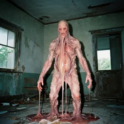 1 9 9 3, disposable camera, flash, pov, old abandoned house, male, creature, standing, meat, ooze, slime, veins, wet
