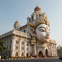 high quality 3 d render sci - fi neoclassical mumbai, kalighat hanuman!! head building, highly detailed, cinematic smooth unreal engine, dennis ramos, hard morning light, long shot, low angle, uhd 8 k, sharp focus