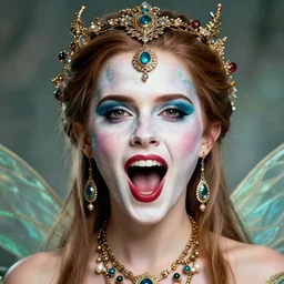 portrait of a fairy with her mouth wide open, symmetric, facepaint facepaint facepaint, intricate jewelry, trending on artstation 4 k, in the style of karol bak and tom bagshaw, bust with face of emma watson