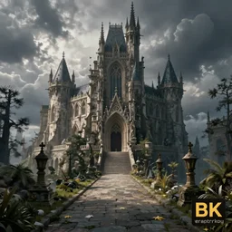 fantasy environment with a path leading to a gothic castle. Atmospheric. Unreal engine. Digital art 4k