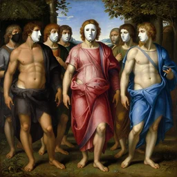 a renaissance painting of a greek pathio with philosophers wearing a face mask walking, by raffaello and michelangelo, red and blue toga, during covid, trending on flickr, award winning photorealistic oil painting