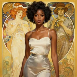 modern black woman | hyperrealistic | digital painting | trending on artstation | pinup portrait | clean | illustration | dressed | Unreal Engine 5 | 8k resolution | by Greg Rutkowski Alphonse Mucha Gustav Klimt and Mel Ramos