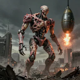 a surreal, hellish, and maddening robot made of flesh towering above a destroyed city with a nuclear bomb going off in the background in the style of zdzisław beksinski in the style of h. r. giger trending on artstation deviantart pinterest furaffinity detailed realistic hd 8 k high resolution