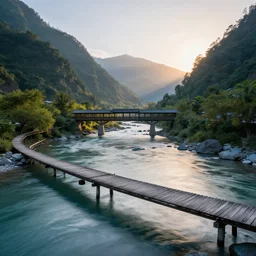 DSLR still of a beautiful mountainside river with a pier and a covered bridge at sunrise, 4k