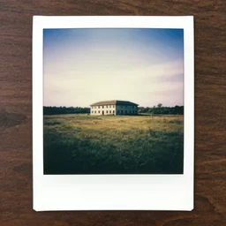 A serene landscape with a singular building in the style of  polaroid.
