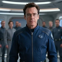 cinematic portrait of john cusack in dark blue futuristic jumpsuit, wearing eyeglasses, space station at background, high detail, 8 k, sharp focus, movie still, dramatic lighting, ray tracing, smooth, lane brown, finnstark, oleg bulakh, diego fazio, mike dargas, emanuele dascanio, felix englund, michal karcz
