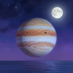 a beautiful illustration of jupiter at night, art of alena aenami, featured on artstation, vertical orientation, paint brush strokes, expressionism, brushstroke - laden, breathtaking clouds, birds, ocean, beautiful stars, long exposure, big moon radius, airy midnight theme, blue purple gradient, lens flare