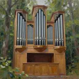 ultra realistic painting of a pipe organ inside of a forest, thick brush strokes, visible paint layers.