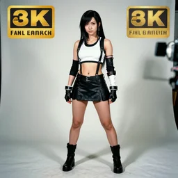 a photo of a cosplay of Tifa from final fantasy 7 remake at ComicCon, very detailed, studio lighting, award winning, full body with legs, full legs, shot on 16mm film, shot on red 6k camera, 8k