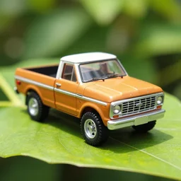 a photo of a tiny ford truck ranger 1 9 8 0 on a green leaf, natural sunlight, outdoors, highly detailed macro photography, shallow depth of field, full shot