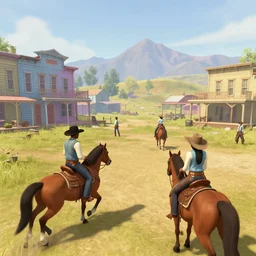 screenshot of gameplay game set in 1 8 3 6 old west showdown featuring african american and japanese cowboys and cowgirls in ghost town with buildings painted bright pastel colors, morning light with mountains in the background