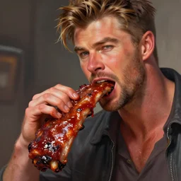 Chris Hemsworth eating BBQ Ribs BBQ Sauce stains closeup DD fantasy intricate elegant highly detailed digital painting artstation concept art