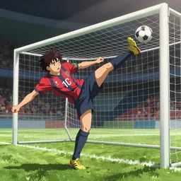 anime soccer player scores goal with bicycle kick, hyperrealism