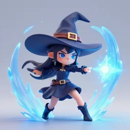 2 d art of a singular witch girl in a huge hat surrounding herself with a blue magical barrier to repel the attack of a huge monster, back view, in style of greg rutkowski and thomas kinkade, intricate, hdr, fantasy, dark fantasy, trending on pixiv, 8 k