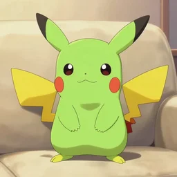 Pikachu green mutant on sofa