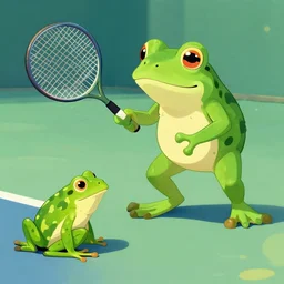 A frog playing tennis with another frog