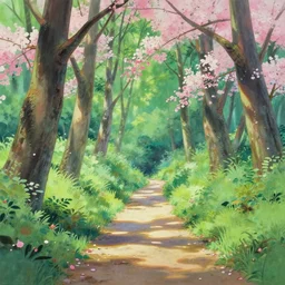 forest walkway on a sunny day, blooming, traditional gouache painting by chinese studio, disney studio, pixar and kyoto animation
