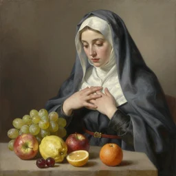 l'estro armonico masterpiece ultrarealistic ultradetailed painting of catholic veiled lady beside fruits, still life, greg rutkowski, immerse, slime, 2 0 th century, special effects makeup, maximalist, glittering, gold, ivory, hyperreal, golden ratio, pinterest, alphonse mucha