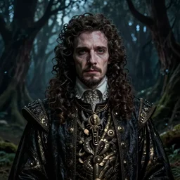 portrait of mournful, dangerous, mysterious James Frain's  Cromwell as a king of the fairy forrest. The background is a dark, creepy eastern europen forrest.  night, horroristic shadows, high contrasts, photorealistic, detailed, lumnious, theatrical, character concept art by ruan jia, thomas kinkade, and J.Dickenson, trending on DeviantArt