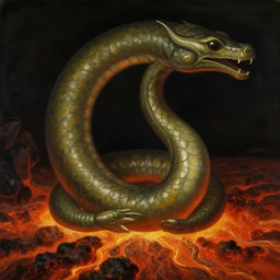 close up of ouroboros sitting on the flowing lava. painting by arnold bocklin, moebius