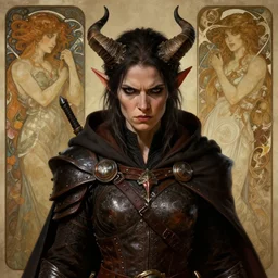 portrait of a surly and resentful female tiefling thief with small horns clothed in leather armor and a cloak, angry expression, torso and head only, by Greg Rutkowski and John Collier and Krenz Cushart and Artem Demura and Alphonse Mucha and Albert Aublet, as seen on ArtStation, 4k, dungeons and dragons, very aesthetic, very detailed, intricate, unreal, fantasy, dramatic, painterly, artstation, sharp focus, smooth